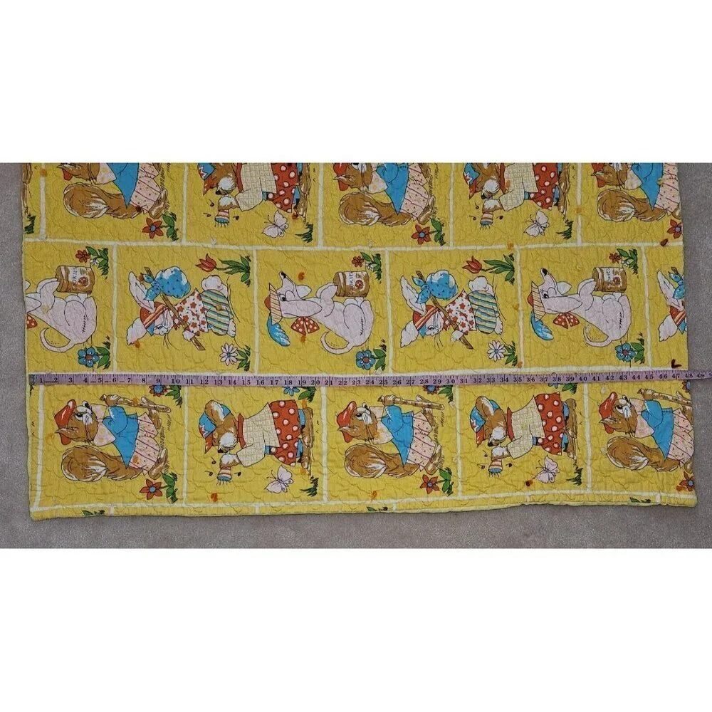 VTG Handmade Yellow Blanket Anthropomorphic Animal Dog Bunny Squirrel 40x48 READ
